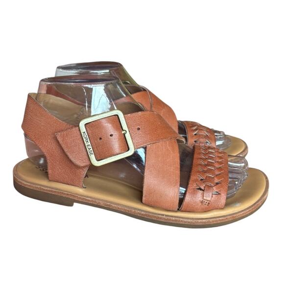 Kork-Ease Tan Leather Cross Strap Sandal Flats with Brass Buckles, Weave size 7 - Picture 1 of 16